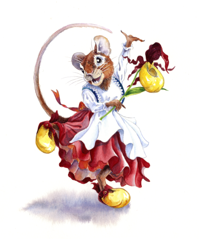 A mouse in a red cottage core dress wearing yellow lady slipper flowers as shoes.